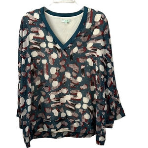 Jade by Melody Tam Women’s Teal/cream/gold flowy top. V neck Dolman Sleeves szML